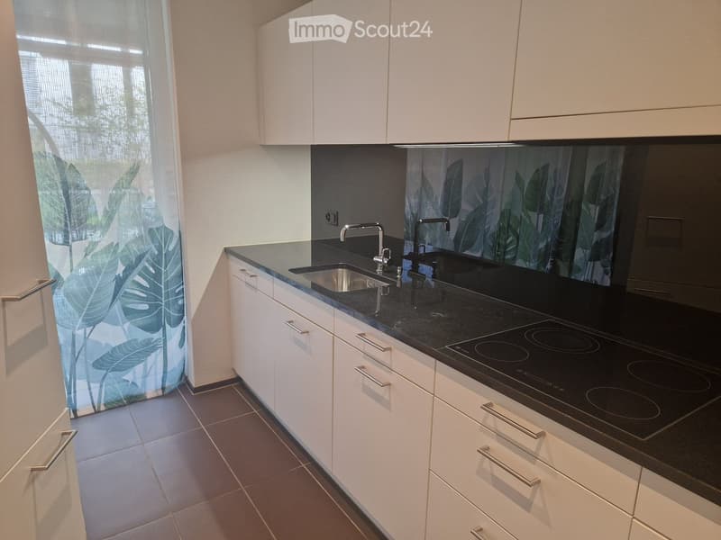 Modern kitchen with white cabinets, black countertop, induction cooktop, and stainless steel sink.