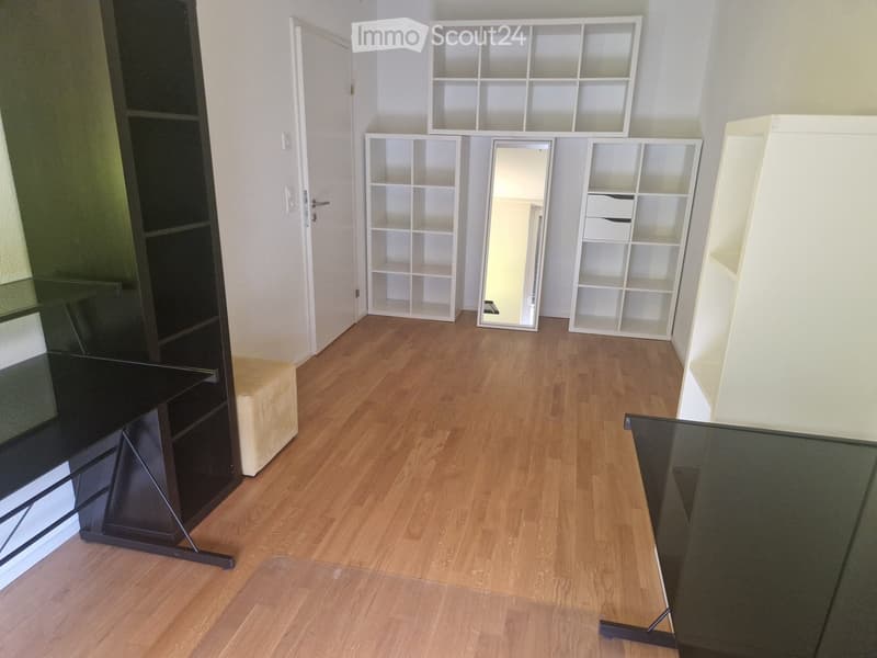 A modern, unfurnished room with wooden flooring, white shelves, a large mirror, a small stool, and a glass table.