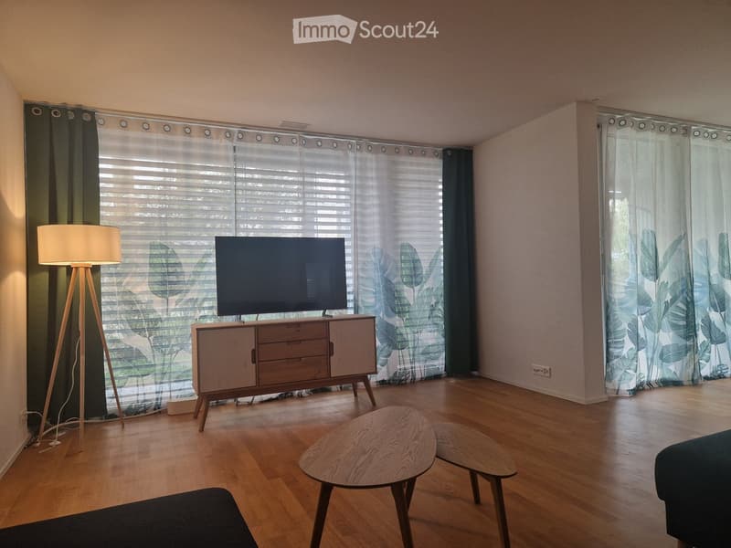 Modern living room with wooden flooring, large windows with blinds, television on a wooden stand, small round tables, and a floor lamp.