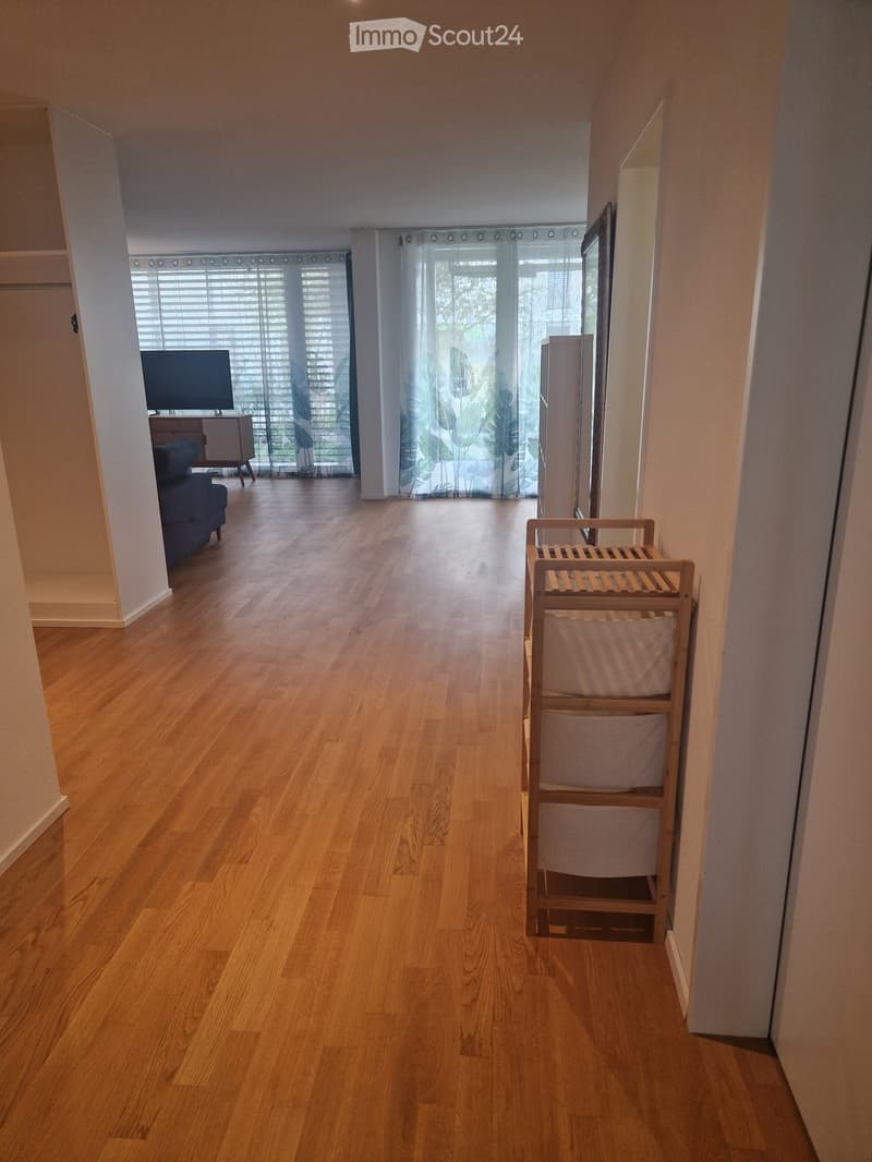 Spacious hallway with wooden flooring, white walls, and a small wooden shelf with baskets on the right side. The hallway leads to a living area with a sofa, TV, and large windows with blinds.