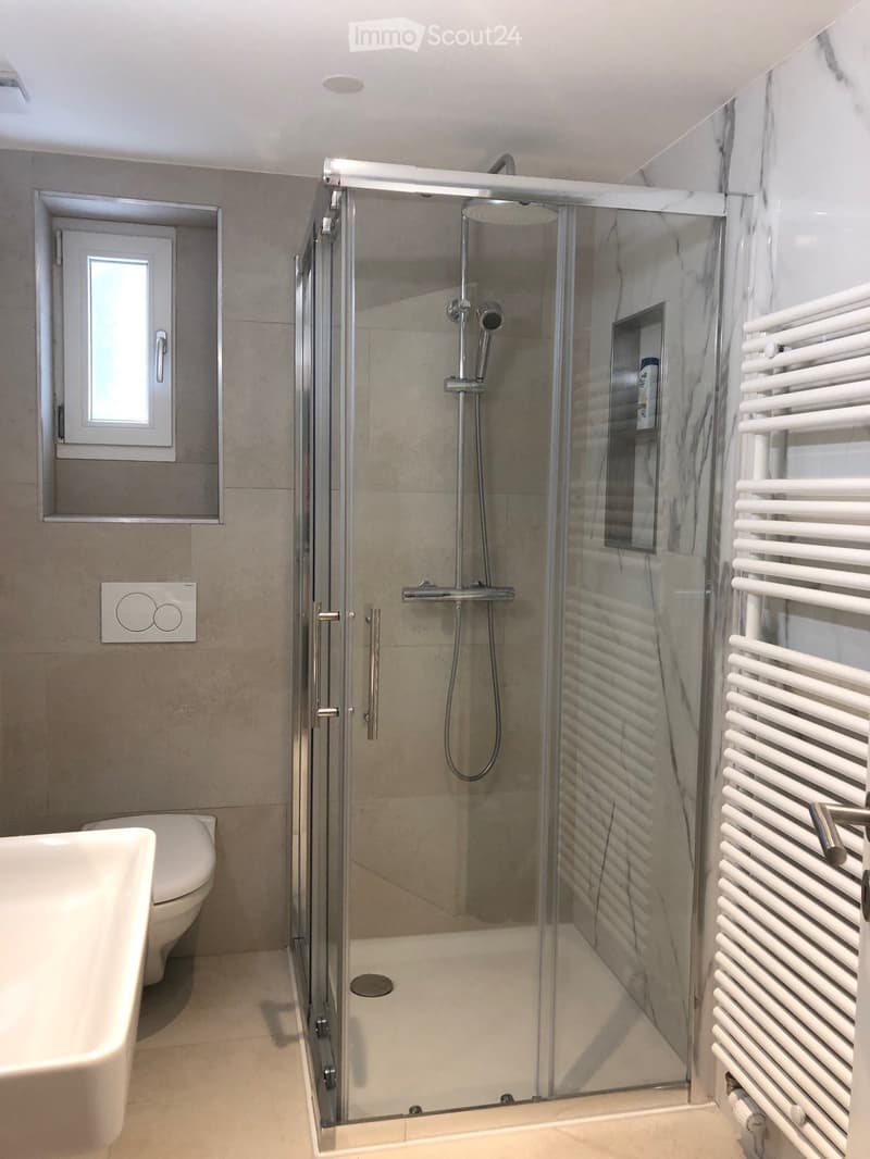 Modern bathroom with a glass-enclosed shower, toilet, and a white radiator. The walls are tiled in a marble-like pattern, and there is a small window above the toilet.