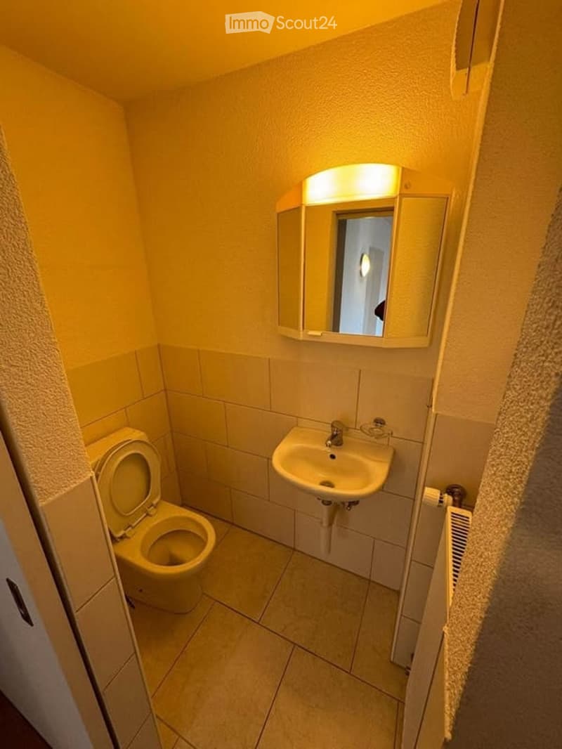 Small bathroom with a toilet, sink, mirror, and radiator. The walls are tiled in light yellow, and the floor is tiled in beige.