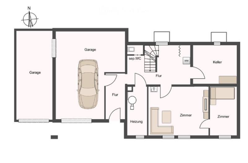 Floor plan of a house with two garages, a separate WC, a heating room, and several rooms including a kitchen and living area.
