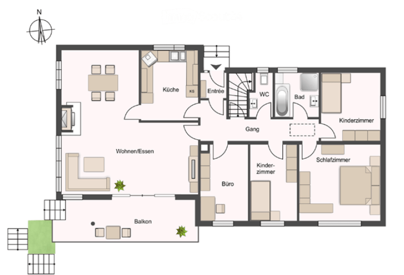 Floor plan of a 3-bedroom apartment with a living/dining area, kitchen, bathroom, and balcony.