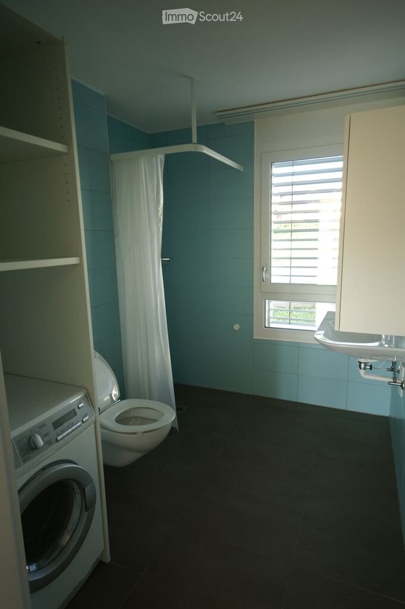 Bathroom with a toilet, washing machine, sink, and shower curtain. Light blue tiles on walls and dark tiled floor.
