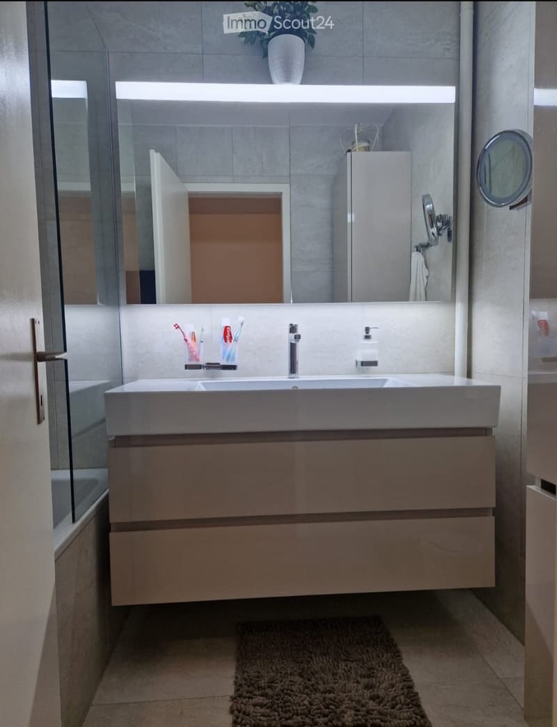 Modern bathroom with a sleek white sink, built-in wooden cabinet, large mirror with built-in lighting, toothbrush holders, and a small round magnifying mirror on the wall.