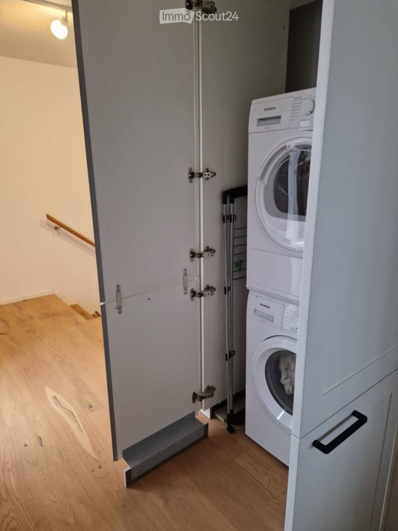 A small, modern utility room with a white washing machine, wooden flooring, and a grey door with multiple locks.