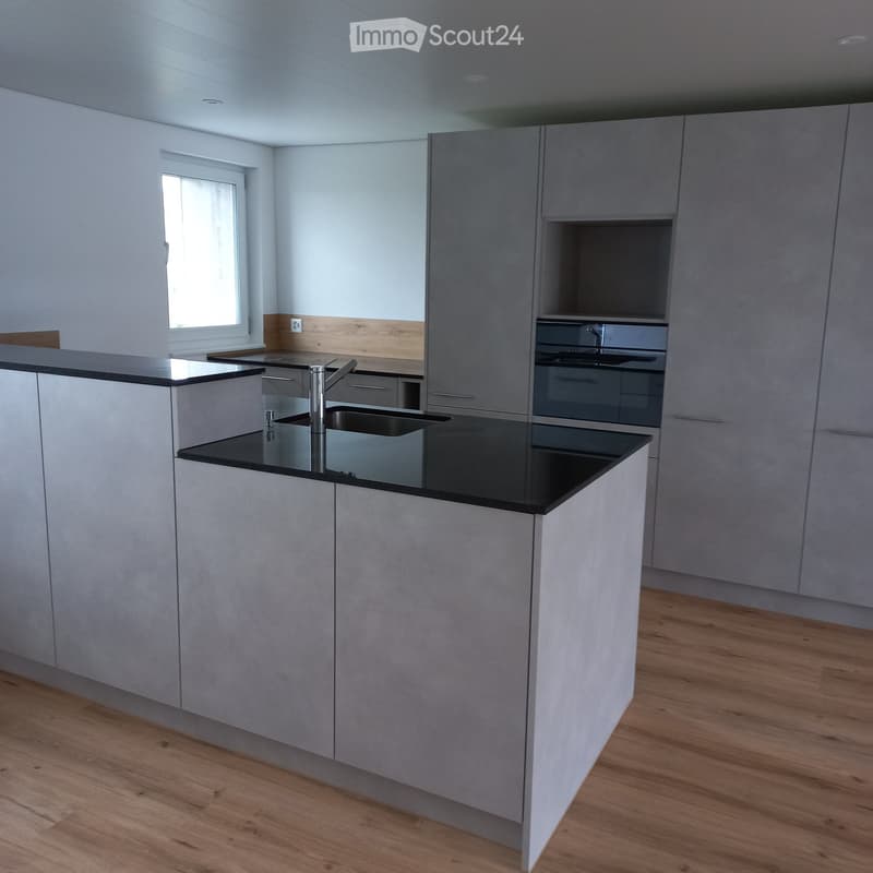Modern kitchen with light grey cabinets, black countertops, and a stainless steel sink.