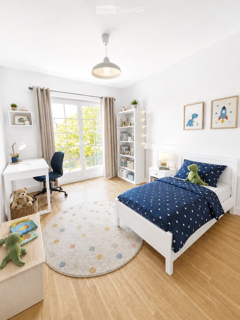 Bright, modern bedroom with a white bed, blue bedding, a round rug, a desk with a chair, a bookshelf, and decorative items.