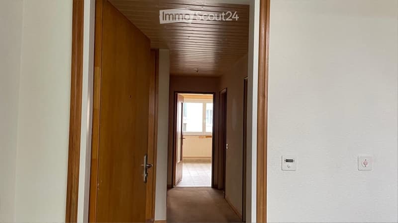 Empty hallway with wooden doors, light-colored walls, and a carpeted floor. A window at the end provides natural light.