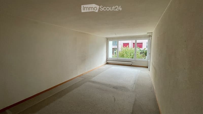 Empty room with white walls, wooden baseboard, carpeted floor, and a single window with a radiator below it.