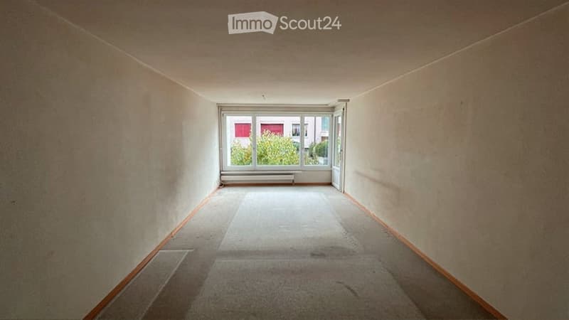 Empty room with bare walls, carpeted floor, and a large window with a view of greenery outside.