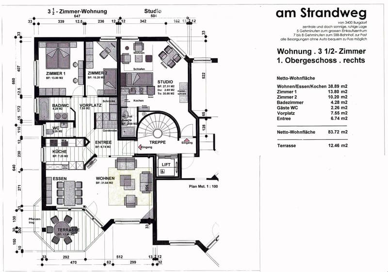 Floor plan of a 3.5-room apartment on the first upper floor, featuring a living/dining/kitchen area, two bedrooms, a studio, a bathroom, a guest WC, a hallway, a kitchen, and a terrace.