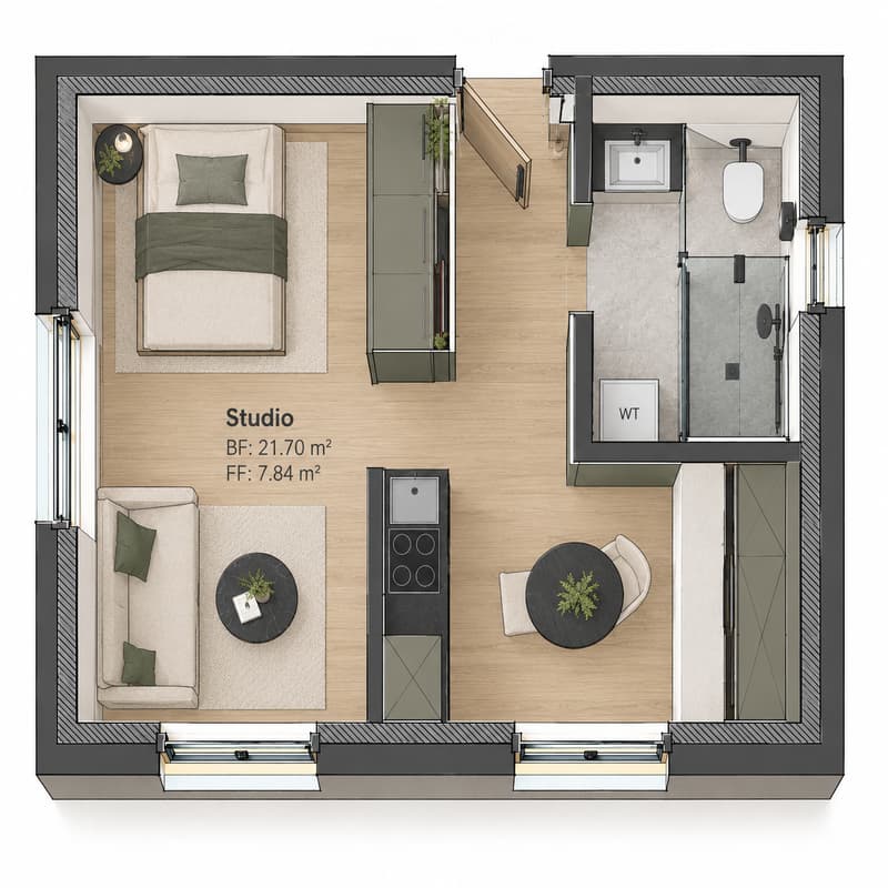 Studio floor plan with a bedroom area, living area, kitchenette, and bathroom. Includes a bed, sofa, dining table, and small kitchen area.