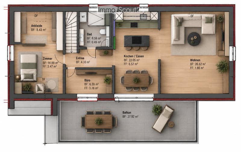 Floor plan of a modern apartment with living room, kitchen, bedroom, bathroom, office, hallway, and balcony.