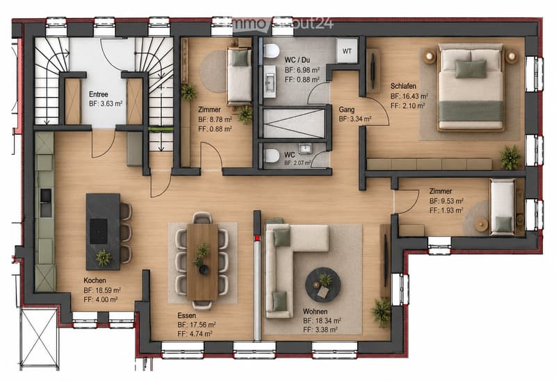 Floor plan of a modern apartment featuring a living area, dining area, kitchen, three bedrooms, two bathrooms, and an entrance hallway. Includes labeled areas and dimensions.