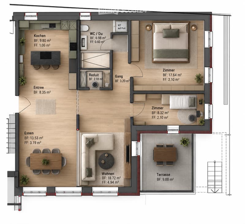 Floor plan of a modern apartment with a kitchen, living room, dining area, bedrooms, and a terrace.
