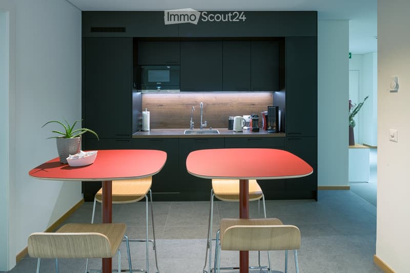 Modern kitchen with dark grey cabinets, a wooden countertop, and two red dining tables with matching chairs. Appliances include a microwave, sink, and coffee maker. A small plant and bowl are on one table.