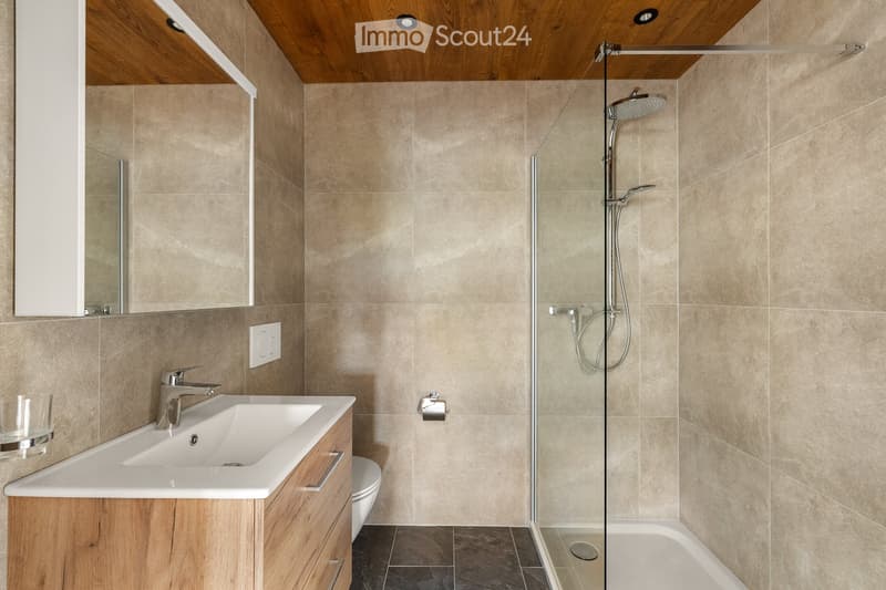 Modern bathroom with a wooden vanity, white sink, chrome faucet, mirror cabinet, glass shower enclosure, and a sleek showerhead.