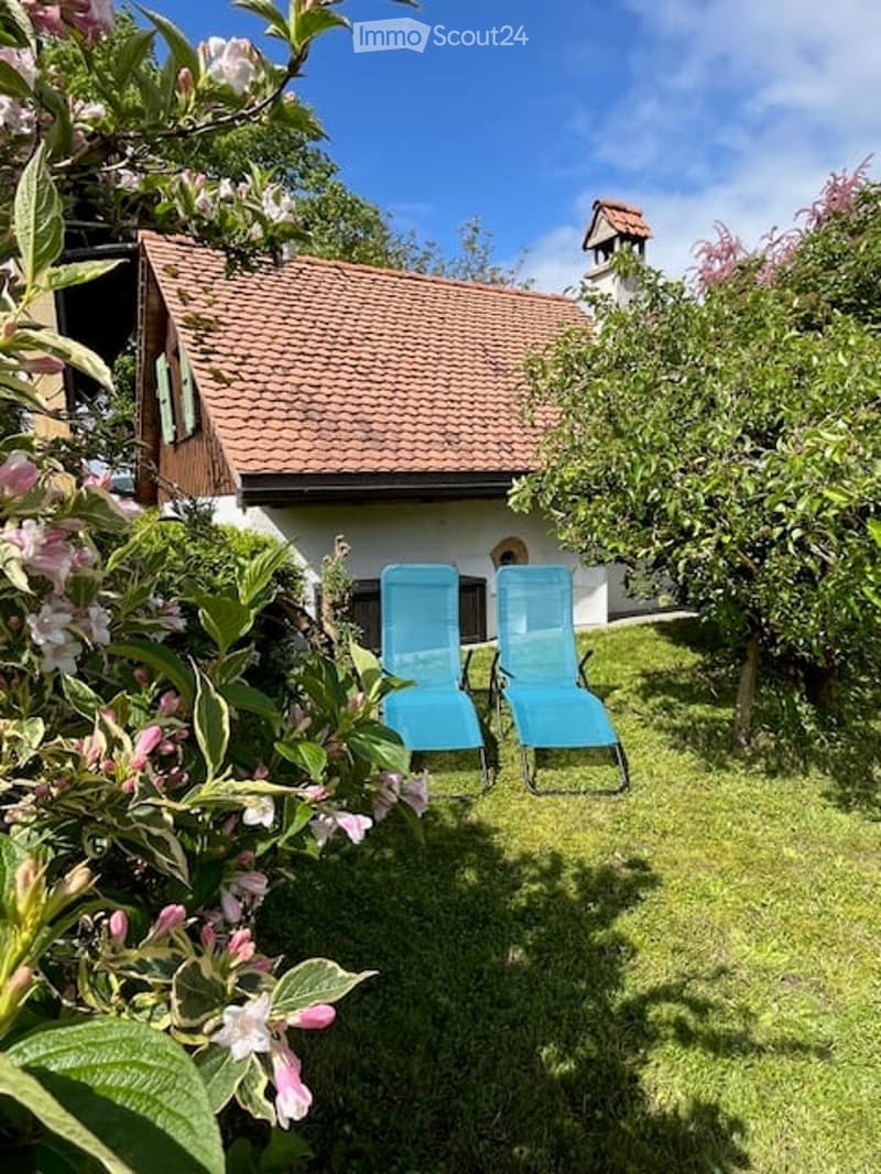 Garden with grass, flowers, plants, two blue lounge chairs, house with red roof and white walls.
