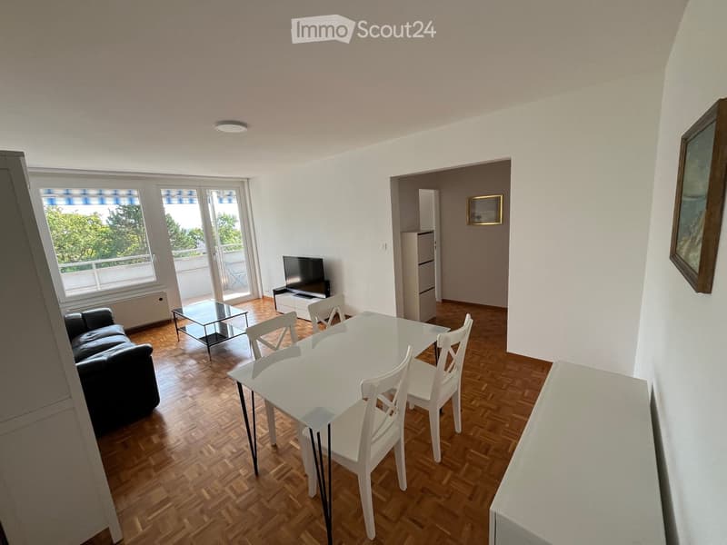 Bright living and dining area with wooden flooring, large windows, and a balcony. Features a black sofa, white dining table with chairs, and a television.