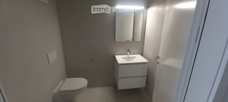 Modern bathroom with a white toilet, a white sink with a cabinet, and a large mirror above the sink. The walls are tiled in neutral tones, and the floor is light-colored.