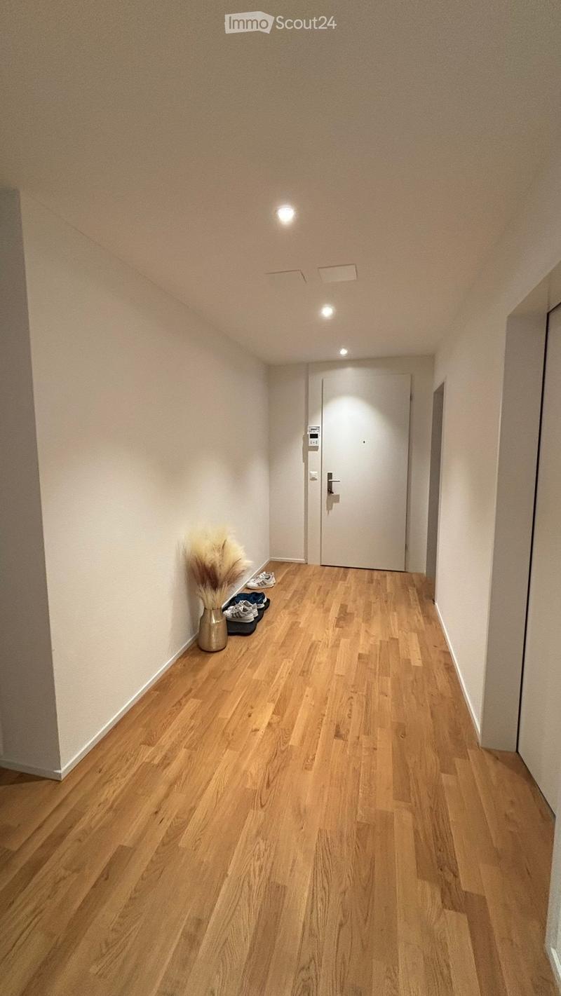 A narrow hallway with wooden flooring, beige walls, and recessed ceiling lighting. A vase with dried plants and a pair of shoes are placed on the left side.