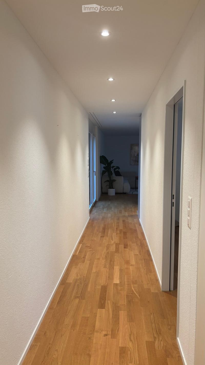 A narrow hallway with light wooden flooring, white walls, and recessed ceiling lights. The hallway leads to an open doorway revealing a glimpse of a living area with a sofa and a potted plant.