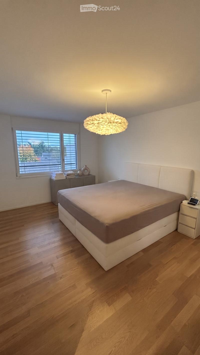 Modern bedroom with a large bed, nightstand, decorative vases, and a pendant light fixture.