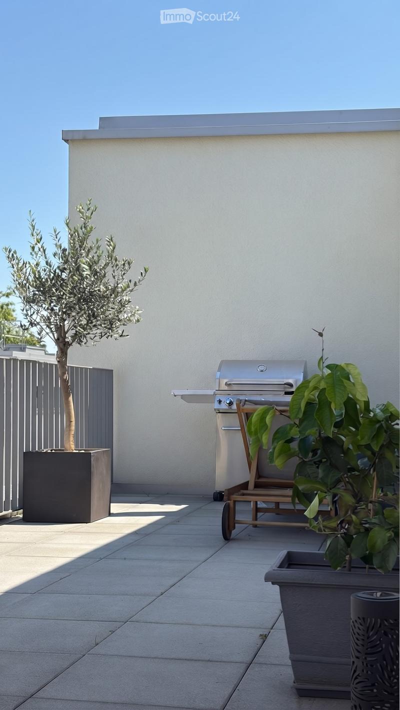 Modern rooftop terrace with a stainless steel grill, two potted plants, and a grey planter box. The area features a tiled floor and a white wall backdrop.