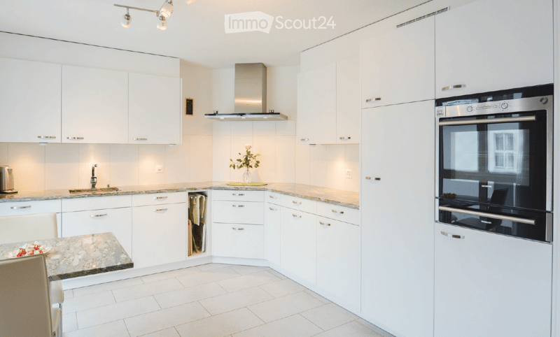 Modern kitchen with white cabinets, granite countertops, stainless steel appliances, and a built-in oven. Features a sink with a modern faucet, a range hood, and a small flower vase on the counter.