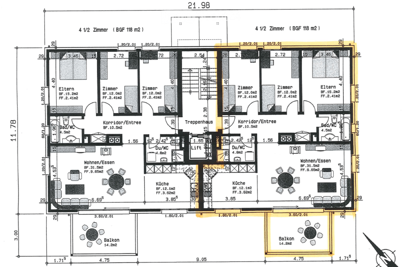 Floor plan of a two-story house with multiple bedrooms, bathrooms, living/dining areas, kitchens, staircases, and balconies.