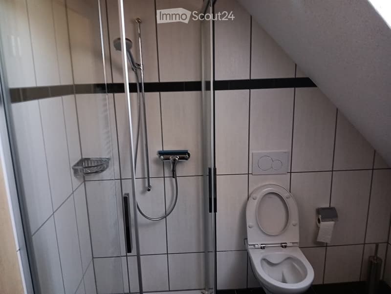 A small bathroom with a white toilet, shower, and white tiles on the walls