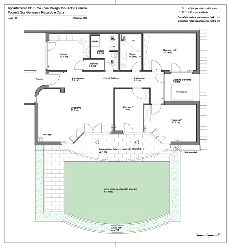 Apartment floor plan with bedroom, bathroom, kitchen, dining area, entrance, hallway, garden, storage area, bedroom, master bedroom, bedroom, bathroom, and terrace.