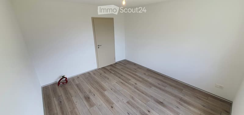 Empty room with light wooden flooring and white walls, featuring a single door and a small decorative item on the floor.