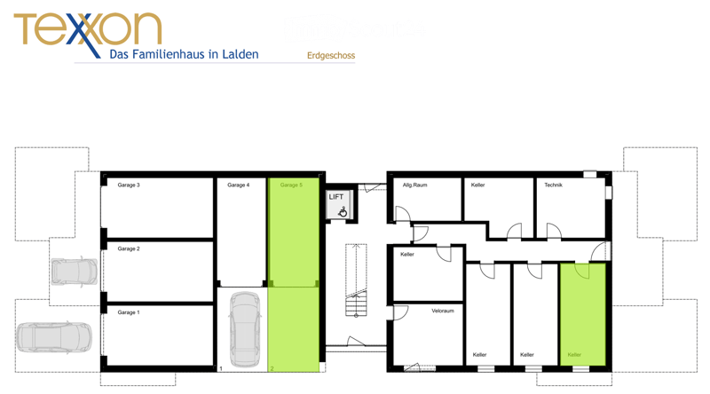 Floor plan of a basement level showing five garages, a lift, a storage room, a technical room, and several cellar spaces.