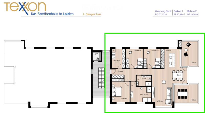 Floor plan of the second floor showing living room, kitchen, two bedrooms, two bathrooms, and two balconies.