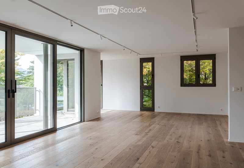 Empty room with light wooden flooring, white walls, large glass sliding doors, and windows showing greenery outside.