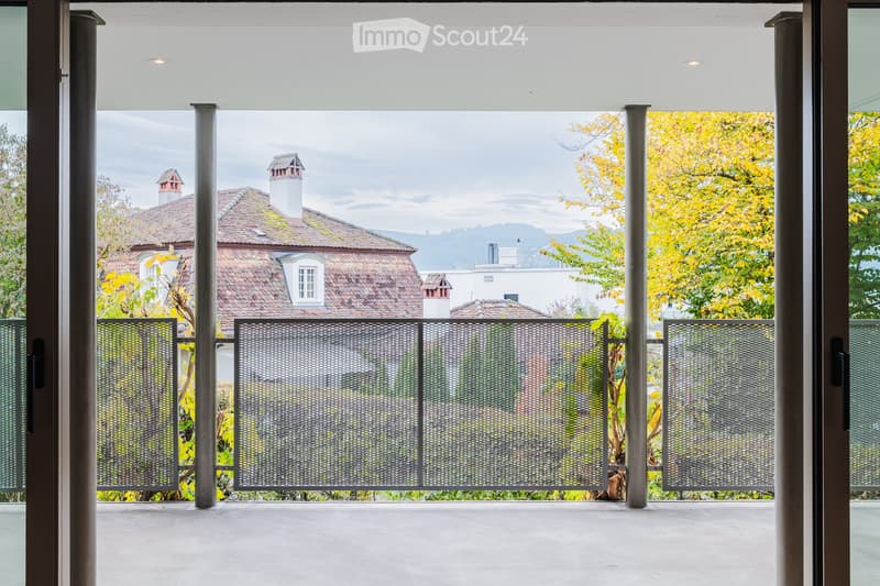 Balcony with modern metal railing, overlooking a residential area with trees and houses in the background.