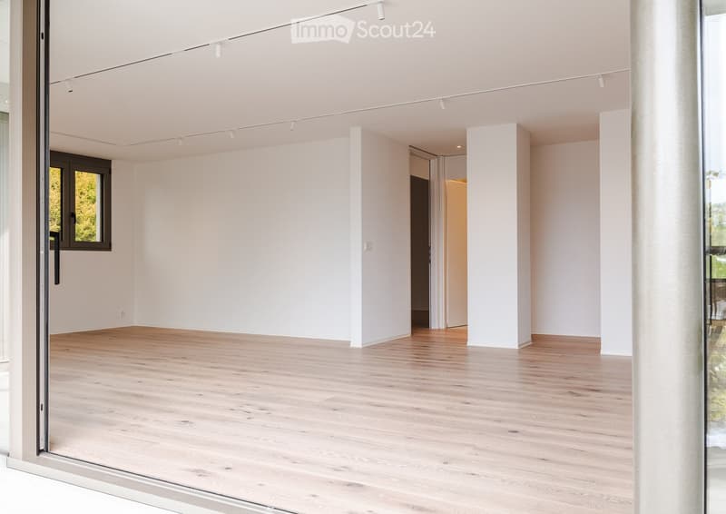 Empty room with light wooden flooring, white walls, and large glass doors leading to an outdoor area.