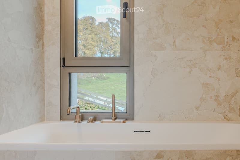 Modern bathroom with a white sink, sleek chrome faucet, and marble-textured walls. Large windows offer a view of greenery outside.