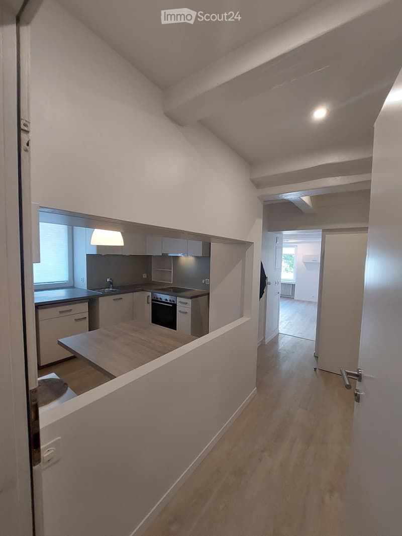 A narrow hallway with wooden flooring and white walls, leading to an open kitchen area with modern appliances and a wooden countertop.