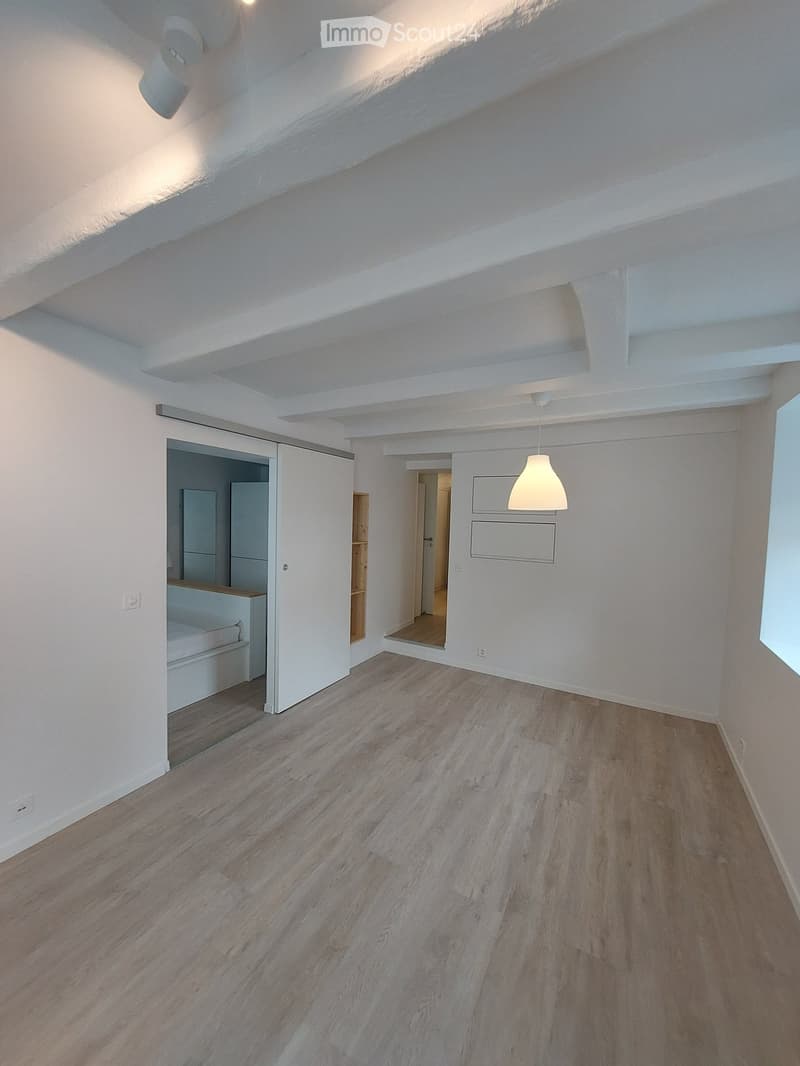 Empty room with light wooden flooring, white walls, and a hanging light fixture. Adjacent rooms are visible through open doorways.