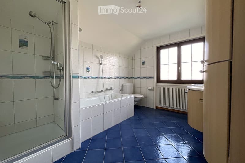 Modern bathroom with blue tiled floor, white tiled walls, bathtub, toilet, shower, radiator, and sink with cabinet.
