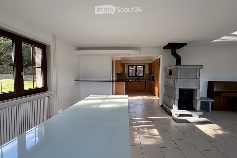 Bright living space with a modern fireplace, kitchen area with cabinets and sink, large window, and a sleek white countertop.