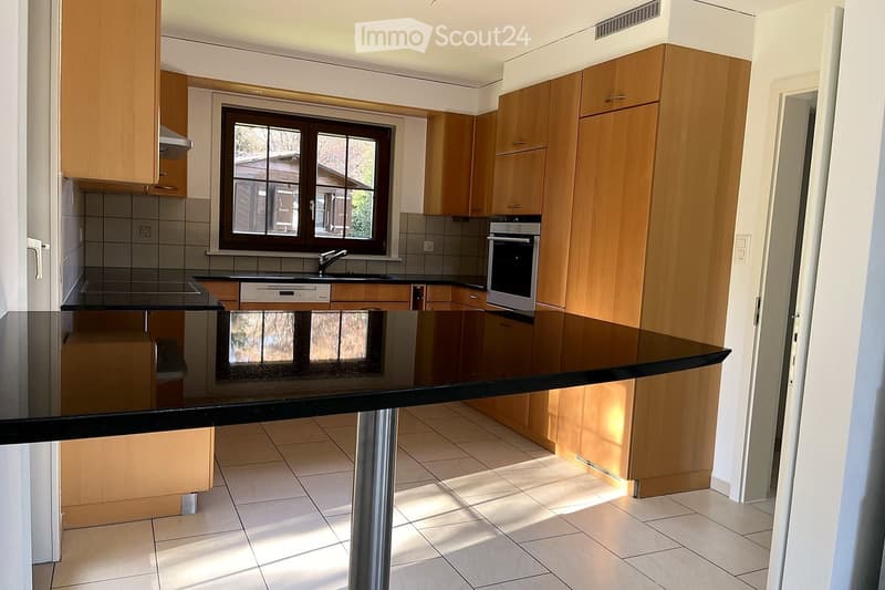 Modern kitchen with light wooden cabinets, black granite countertop, stainless steel appliances, and a large window providing natural light.