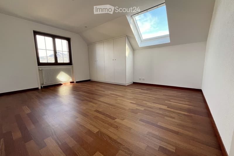 Empty room with wooden flooring, white walls, large window, skylight, built-in closet, and radiator.