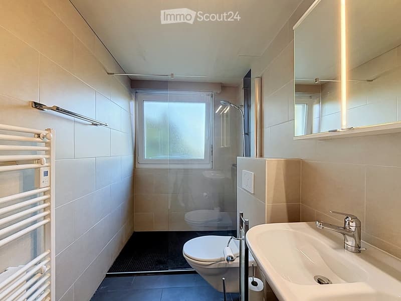 Modern bathroom with a white sink, chrome faucet, toilet, glass-enclosed shower, and a large mirror above the sink. Features a white radiator on the wall and a window providing natural light.