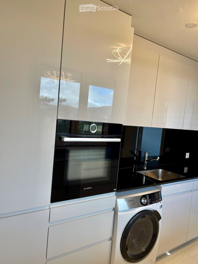 Modern kitchen with white cabinets, stainless steel appliances, and a black countertop.