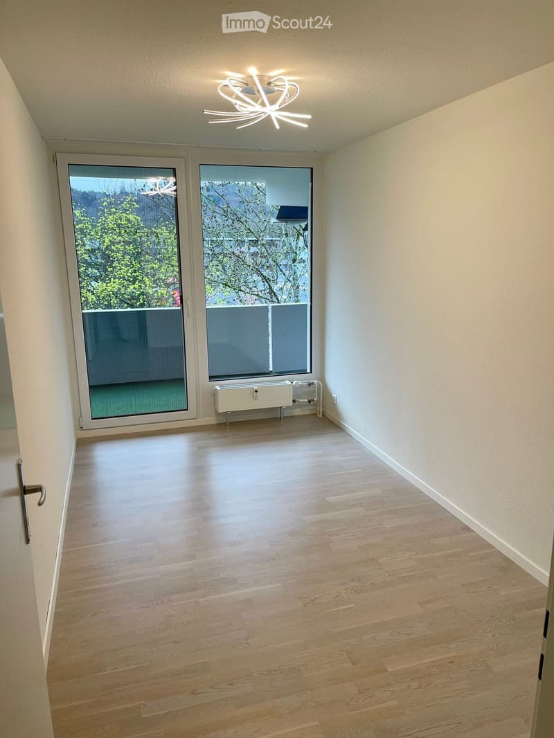 Empty room with light wooden flooring, white walls, large sliding glass doors, and a modern ceiling light fixture.